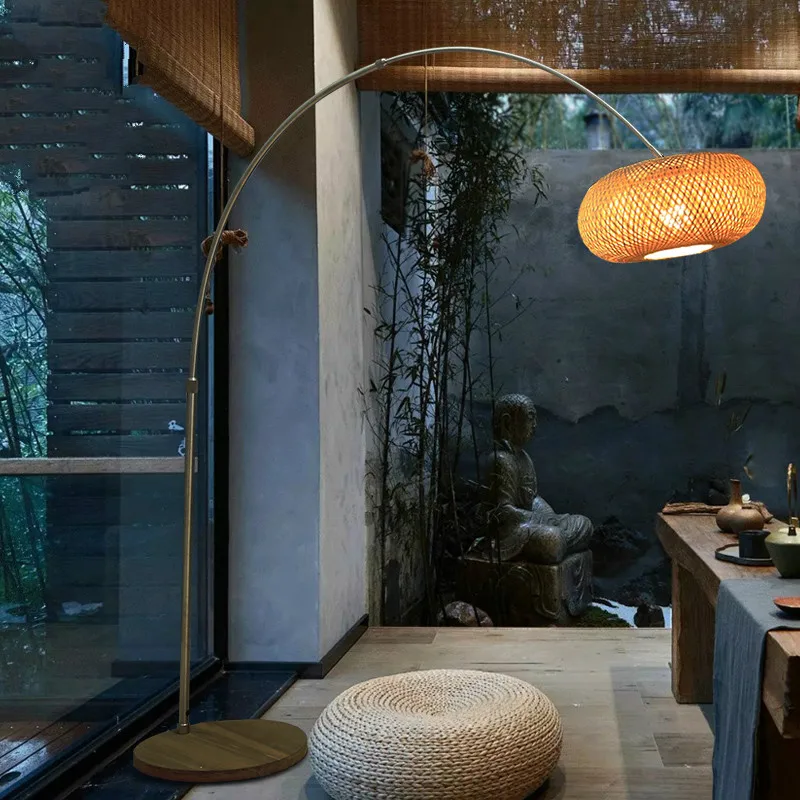 Chinese Zen Fishing Floor Lamp Japanese Living Room Teahouse Led Floor Lamp Floor Lamp Arc Floor Lamp Wood Shade Lamparas De Pie