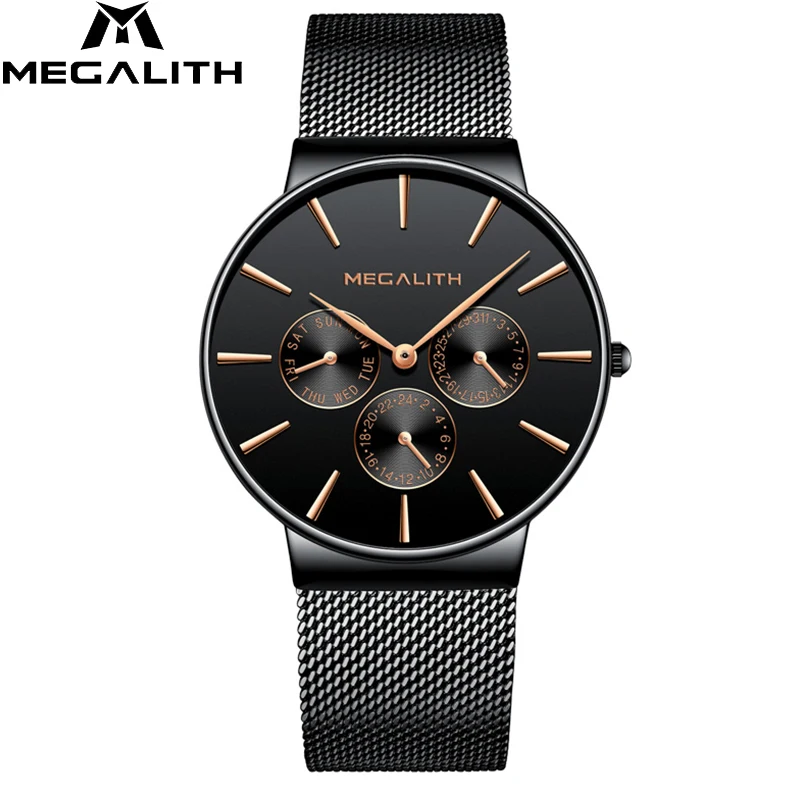 

MEGALITH Fashion Sport Wrist Watches Mens Waterproof Black Steel Strap Mesh Date Calendar Untra Thin Design Quartz Watches Gents