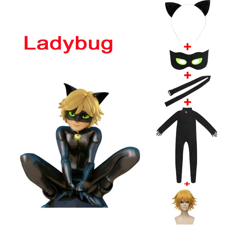 

Full Set Ladybug Jumpsuite Adrien Agreste Black Cat Noir Cat suit Cosplay Costume Adult Kid Halloween Fancy Cloth Free Shipping