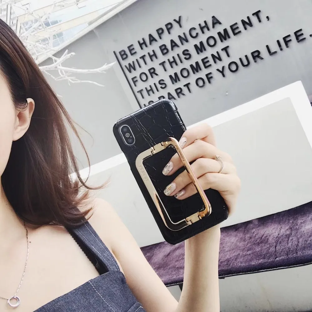 

Luxury fashion brand goddess square leather metal wrist bracket cover case for iphone 6 6plus 7 7plus 8 8plus X phone cases