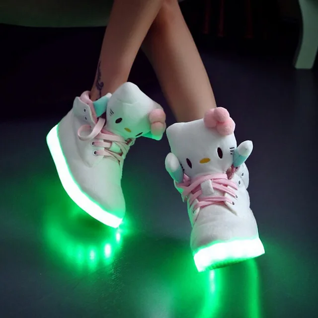 2015 Hello Kitty LED Shoes For Women High top Luminous USB charging