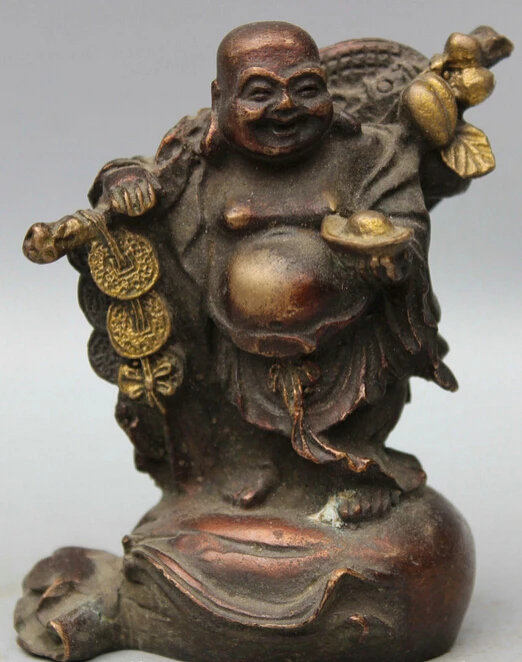 

yellow Chinese Bronze Stand Money Bag Wealth Happy Laugh Maitreya Buddha Rich Statue S0705 (B0328)