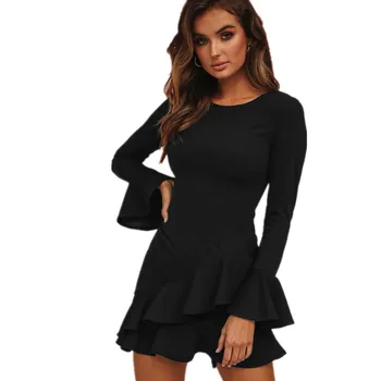 

2020 Autumn Women Dress Fashion Sexy Flare Sleeve Slim Bodycon Black Dresses Elegant Sweet Ruffles Mini Short Party Dress Female