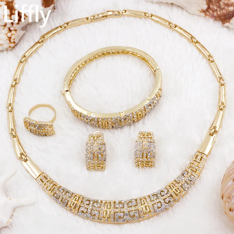Новинка, креативный дизайн, 18 золотых комплектов ювелирных изделий, модное очаровательное женское хрустальное ожерелье, кольцо, серьги, Подарок на годовщину, ювелирные изделия