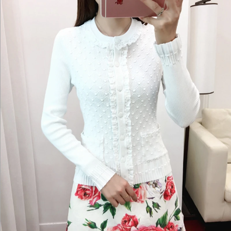 

2019 Simple Casual Women's Cardigans Sweater White Solid Single Breasted Ruffles O-Neck Full Pockets All Matching Top