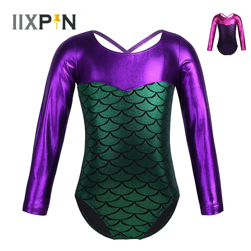 

Kids Girls Ballet Dance Leotard Long Sleeves Fish Scales Back Cross Strap Metallic Gymnastics Leotard Outfit Jumpsuit For Girls