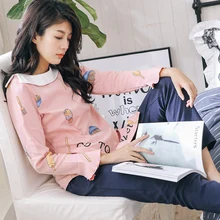 Осенняя Хлопковая женская домашняя одежда с длинными рукавами, совпадающие для пары пижамы, повседневные пижамы для взрослых, 2 предмета, Топы+ штаны