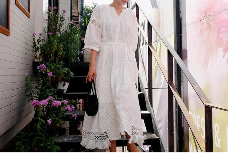 Белое хлопковое кружевное богемное платье с вышивкой новое осеннее винтажное платье с рукавами-фонариками повседневное свободное Брендовое длинное женское платье