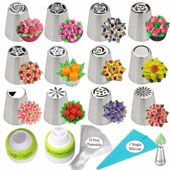 

Drop shipping 26pcs/set russian piping nozzle set for cake piping tips 12pcs tulip nozzles+2couplers+pastry bags