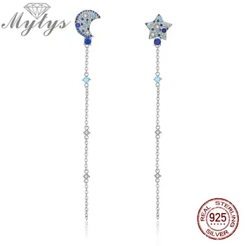 

Mytys 925 Sterling Silver Dangle Link Chain Line S925 Earrings High Level CZ Star & Moon Jewelry Gift for Girls Women CE421