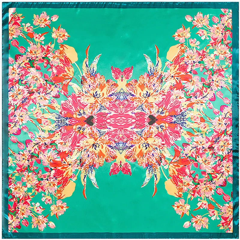 

Spring Summer Satin Silk Scarf Women New Arrival 90-90cm Big Square Handkerchief Fashion Ethnic Flower Print Beach Pashmina Rose