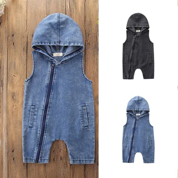 

Baby Boy Summer Clothes Sleeveless Denim Hooded Romper Kid Girls Boys Pockets Casual Zipper Jumpsuit Breathable Infant Hoodie