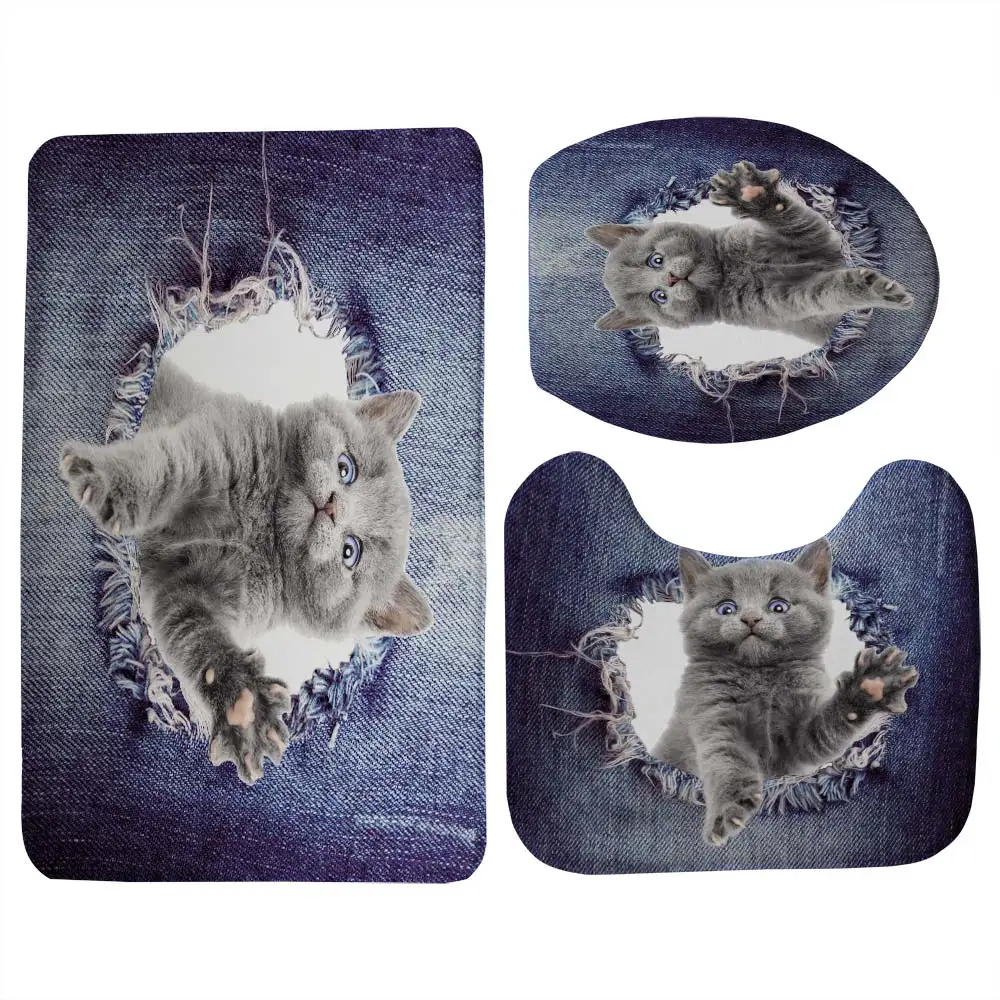 Miracille джинсы дизайн домашний декор Милые 3D животные Кошка Собака Печатные 3 шт набор ванная комната Нескользящие напольные ковры wc, сиденье для унитаза коврики
