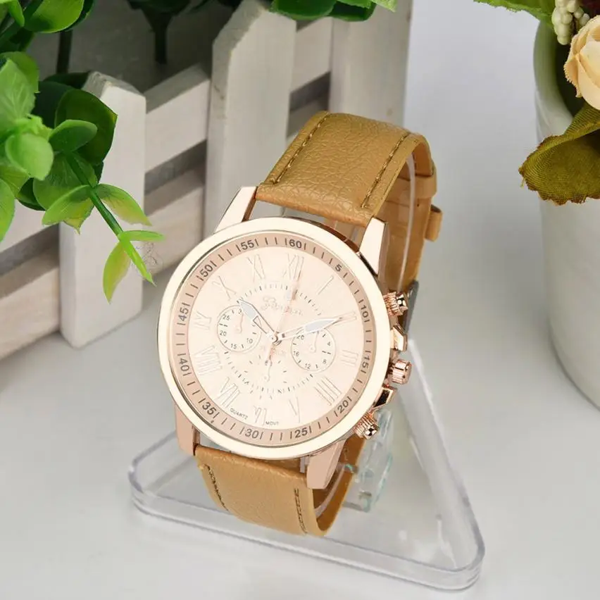 Распродажа, модные женские часы Geneva с римскими цифрами, искусственная кожа, аналоговые кварцевые часы, простые повседневные женские часы-браслет