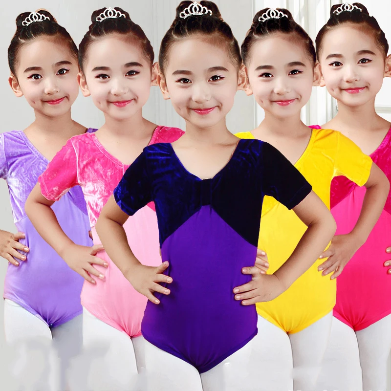 Ballet Gymnastics Leotard Girls Velvet Short Sleeve Bodysuit Kids