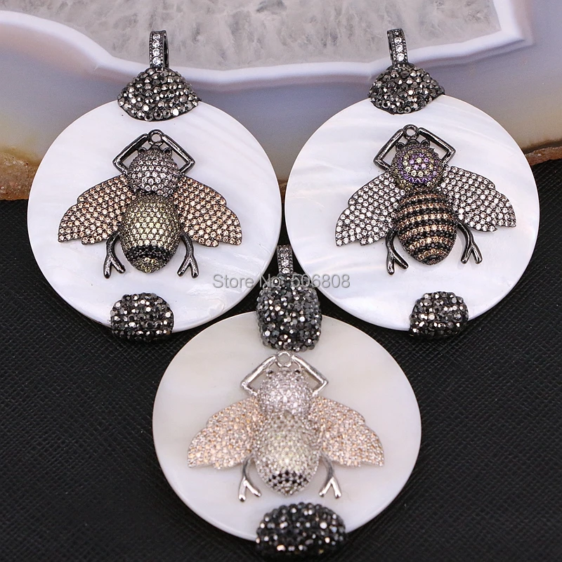 

3PCS ZYZ181-9281 Large Mother of Pearl Shell Pendant With Rhinestone Paved, Micro Pave CZ Big Connector Charms