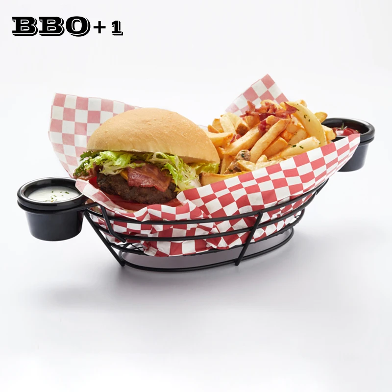 

Fast Food Tray Non stick Black Iron Oval Serving Basket with 2pcs Sauce Cups Bread Salad Cake Hamburger Chicken Snack Stand