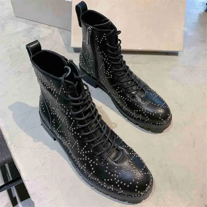 

2019 New Black Women Ankle Boots Round Toe Lace Up Ladies Shoes Rivet Winter Boots Women Zapatos De Mujer Botines Mujer 2019