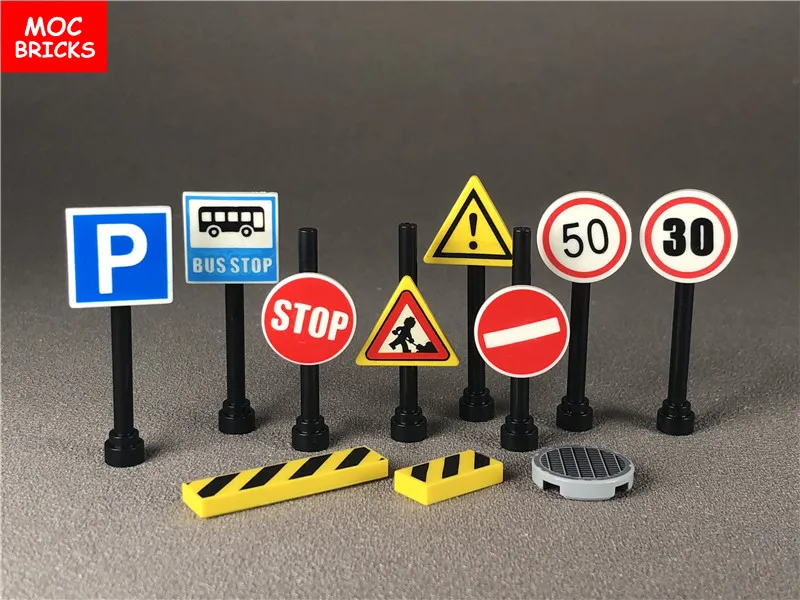 

20pcs/lot Road Sign with Clip-on stop Bus station Thoroughfare Construction worker Building Blocks Figure DIY Toys kids gifts