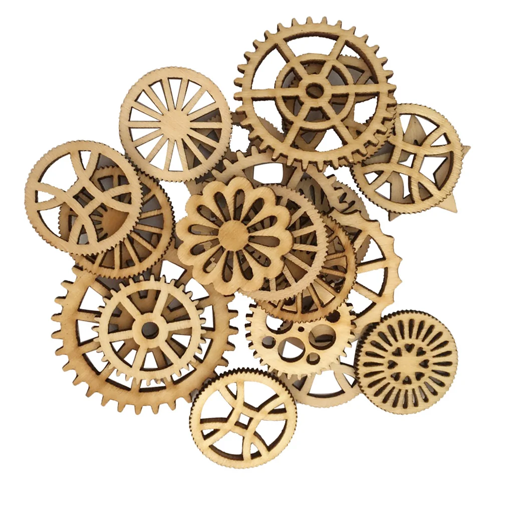 50 Pieces Chic Mixed Wooden Gear Cutouts Craft Embellishment Gift Tag Wood Ornaments