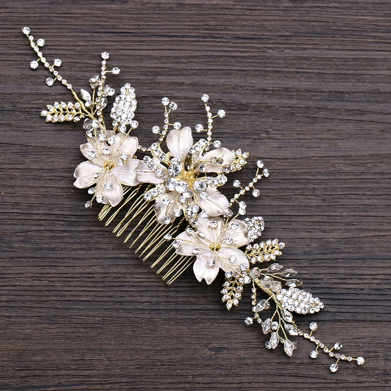 

luxuriou Gold Flower Bridal Hair Combs Wedding Hair Accessories Handmade tiara Bridal Rhinestone Crystal Headpiece Hair Jewelry