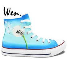 Wen Hand Painted Canvas Shoes Original Design Custom Dandelion Bule Background Man Woman’s High Top Canvas Sneakers for Gifts