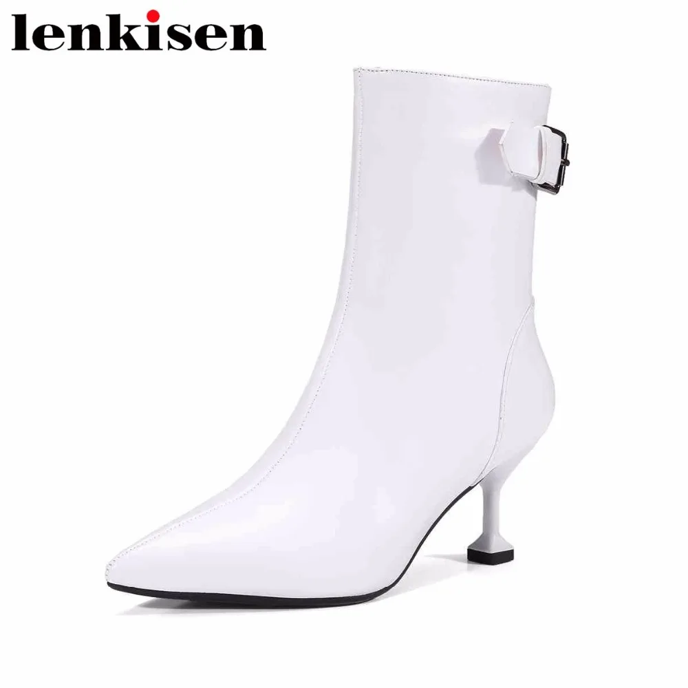 

Lenkisen zip pointed toe strange high heels concise brand shoes office lady women natural leather winter autumn ankle boots L15