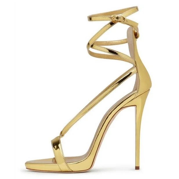 Plus Size 45 Gold Silver Metallic Leather Sandals High Heels Women Strappy Sandals Cut out Ankle 