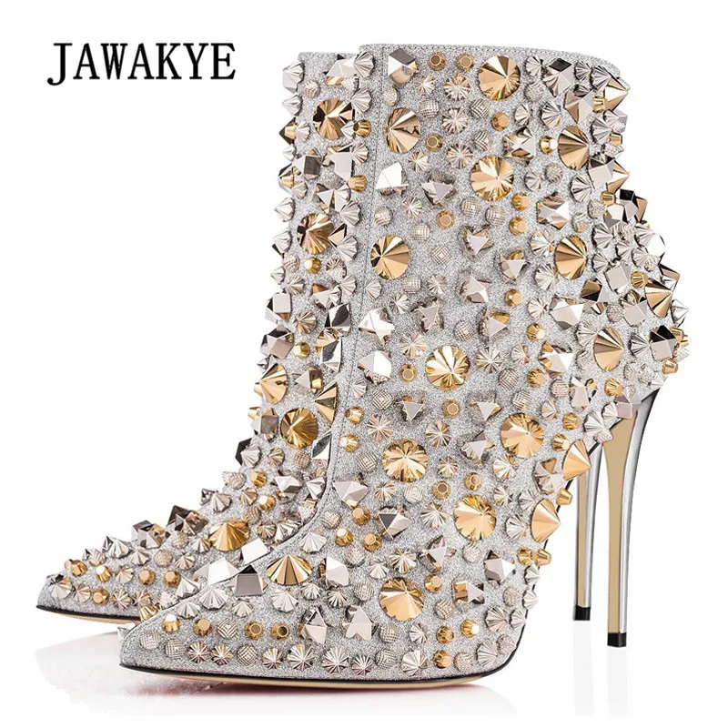 

British Style Spike Rivet Ankle Boots Woman Pointed Toe Sequined Rhinestone High Heel Boots Women Sexy Party Shoes