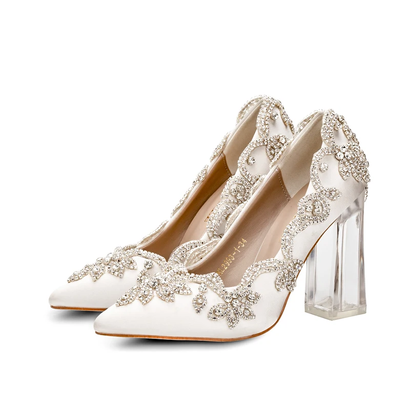 Wedding Shoes Bride Clear Heels Crystal Pumps Christmas Day Evening Party Luxury Queen Satin Silk 10cm Square Heel Plus Size 10