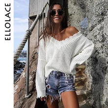 Лучший! Ellolace Tassel Deep-V Свитер Pollover Женщины с длинным рукавом Осень Зима Pull Femme Джемперы Дамы