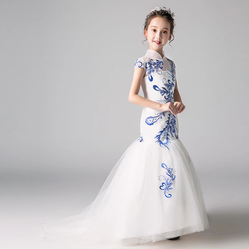 

Embroidery Mermaid Flower Girl Dresses Wedding New Fashion Chinese Style Princess Birthday Dress Stand Collar Kids Formal Dress