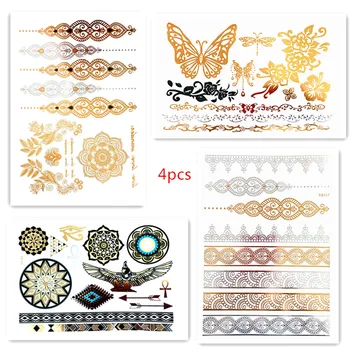 

4pcs hot sales DIY Flash Tattoos Gold Silver Metal Temporary Tattoos butterfly Golden necklace Tattoo make up body girl tattoo