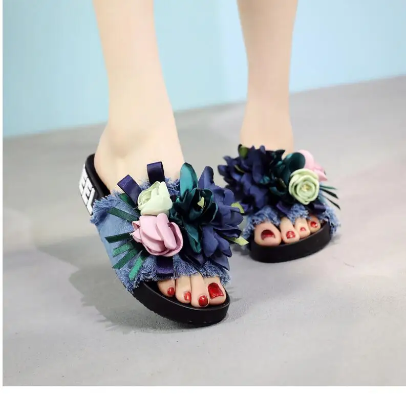 Летний Дамские Тапочки ручной работы, с цветами, пляжные шлепанцы Zapatillas de mujer; обувь на платформе; шлепанцы для ванной комнаты Домашние тапочки c531