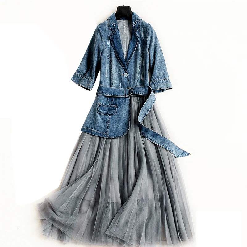 Джинсовое Сетчатое платье для женщин, весна-осень, новое приталенное джинсовое платье трапециевидной формы с коротким рукавом