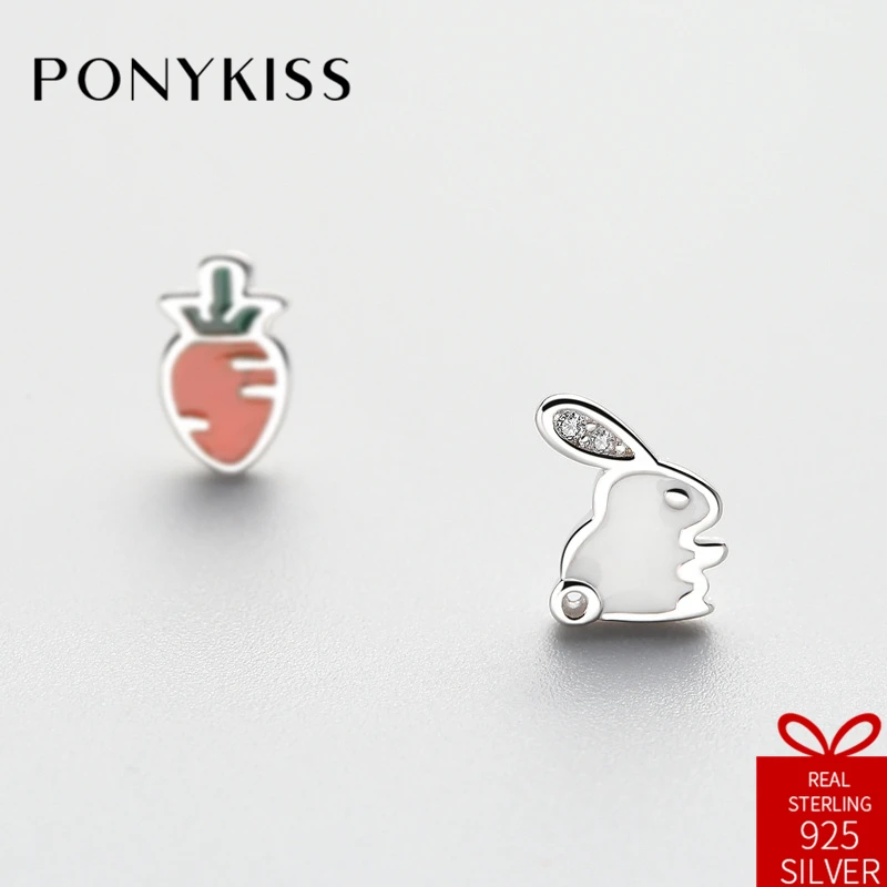 

PONYKISS S925 Sterling Silver Asymmetric Rabbit Carrot Stud Earrings Women Prevent Allergy Jewelry Accessory Engagement Gift