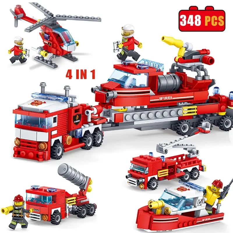 

348pcs Fire Fighting Car Helicopter Boat Compatibie Building Blocks Toy Kit DIY Educational Children Birthday Gifts
