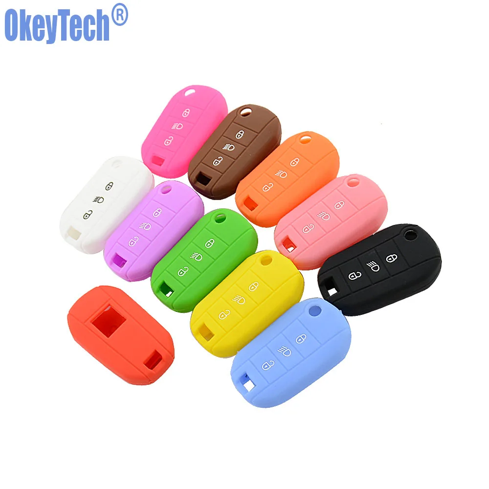 OkeyTech Silicone Key Fob Cover Case Shell Skin Hood for Peugeot 3008 208 308 RCZ 508 408 2008 407 307 4008 Flip Remote 3 Button - 