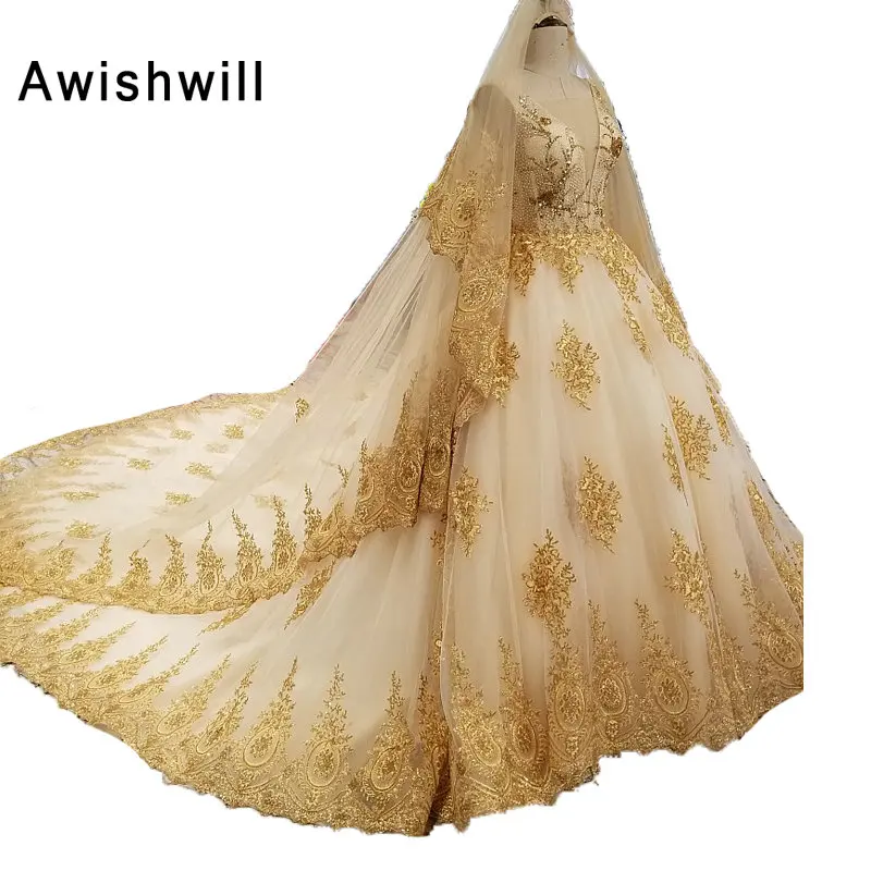 Реальные фотографии золото свадебное платье с кружевом длинным шлейфом штапики-line v-образным вырезом Свадебные платья для Для женщин