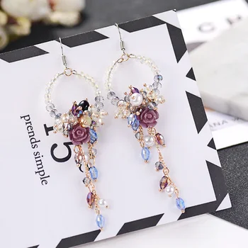 

2017 Statement Flower Crystal Bead Tassel Earring Fringed Earrings Brincos Rhinestone Long Chain Crystal Drop Earrings For Women