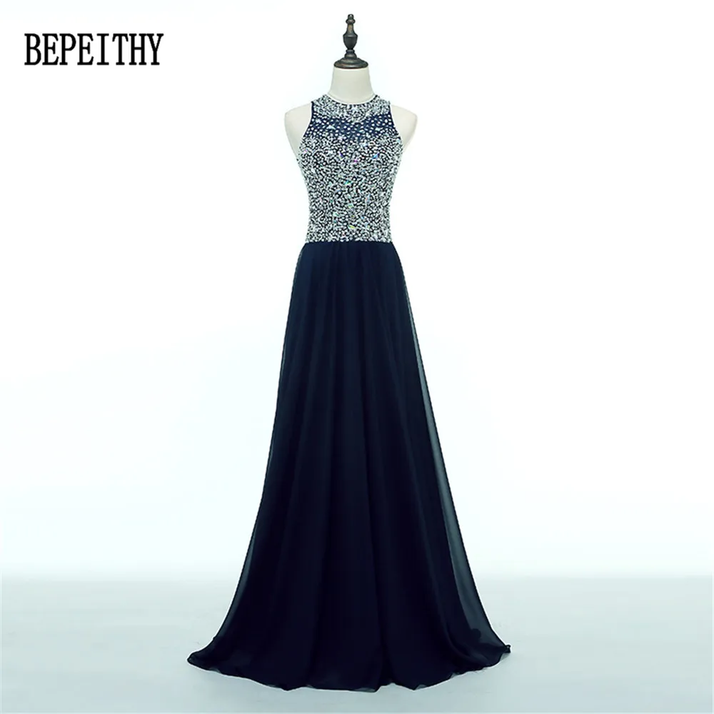 

BEPEITHY New Arrival Robe De Soiree Chiffon O-neck Long Evening Dress Party Elegant Navy Blue Beads Vintage Prom Dresses 2019