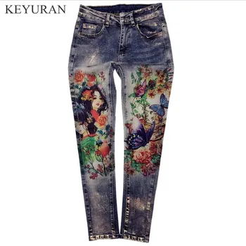 

Plus Size 25-32 2019 Spring Autumn Casual Denim Skinny Graffiti Pencil Jeans Elastice Bronzing Painted Pattern Jeans L2907