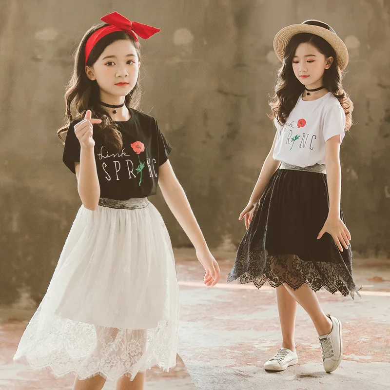 

rose pattern 2019 girls clothing sets summer t-shirts+lace skirt 2 pcs children suits teenage girls clothing 6 8 10 12 14 Years