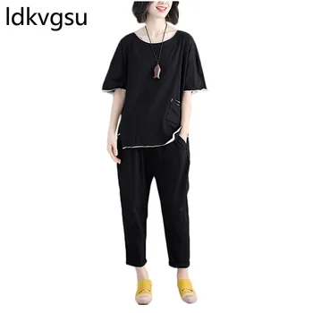 

Oversized Summer Women Sets 2019 Casual Solid T-shirt and Elastic Pants Large Size Loose 2 Piece Set Summer Sportswear Set f062