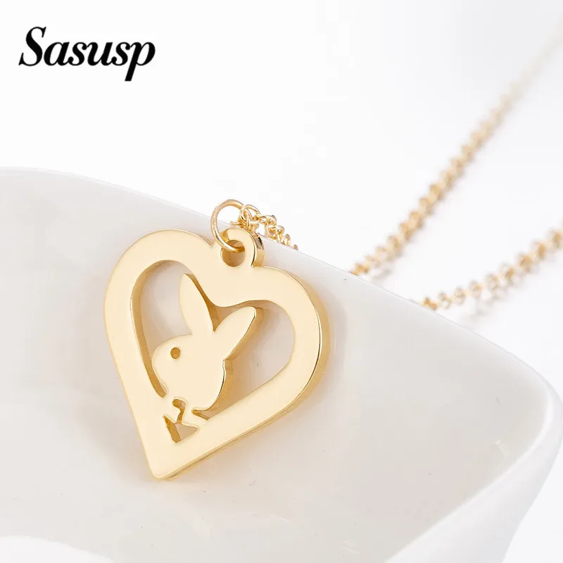 

Sasusp Fashion Gold Sliver Colors Heart and Rabbit Stainless Pendant Necklace For Women Men Lovers Bunny Jewelry Gift