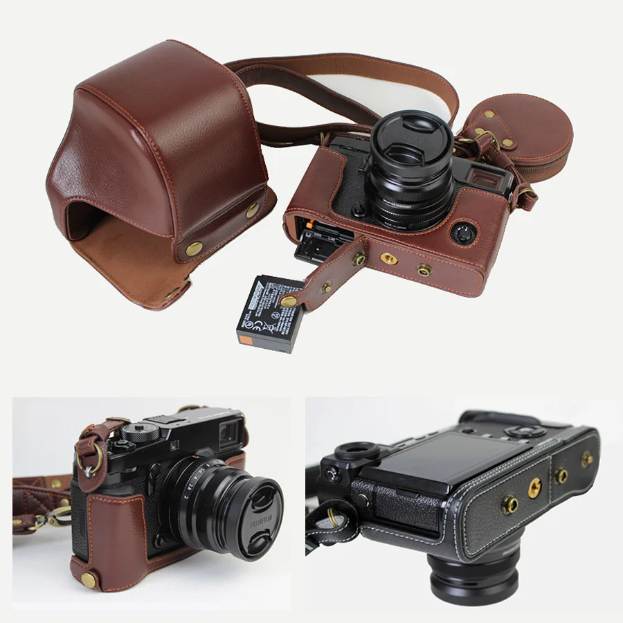 Ouverture sur le fond pour appareil photo Fujifilm X-T2 Avec dragonne Demi-étui de protection Zakao en cuir véritable 