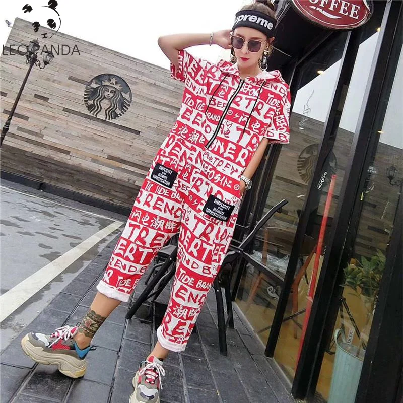

2019 Autumn woman Fashion Hip Hop Jumpsuits Print Cartoon Letter Short sleeve Plus Size Ankle-Length Pants Rompers
