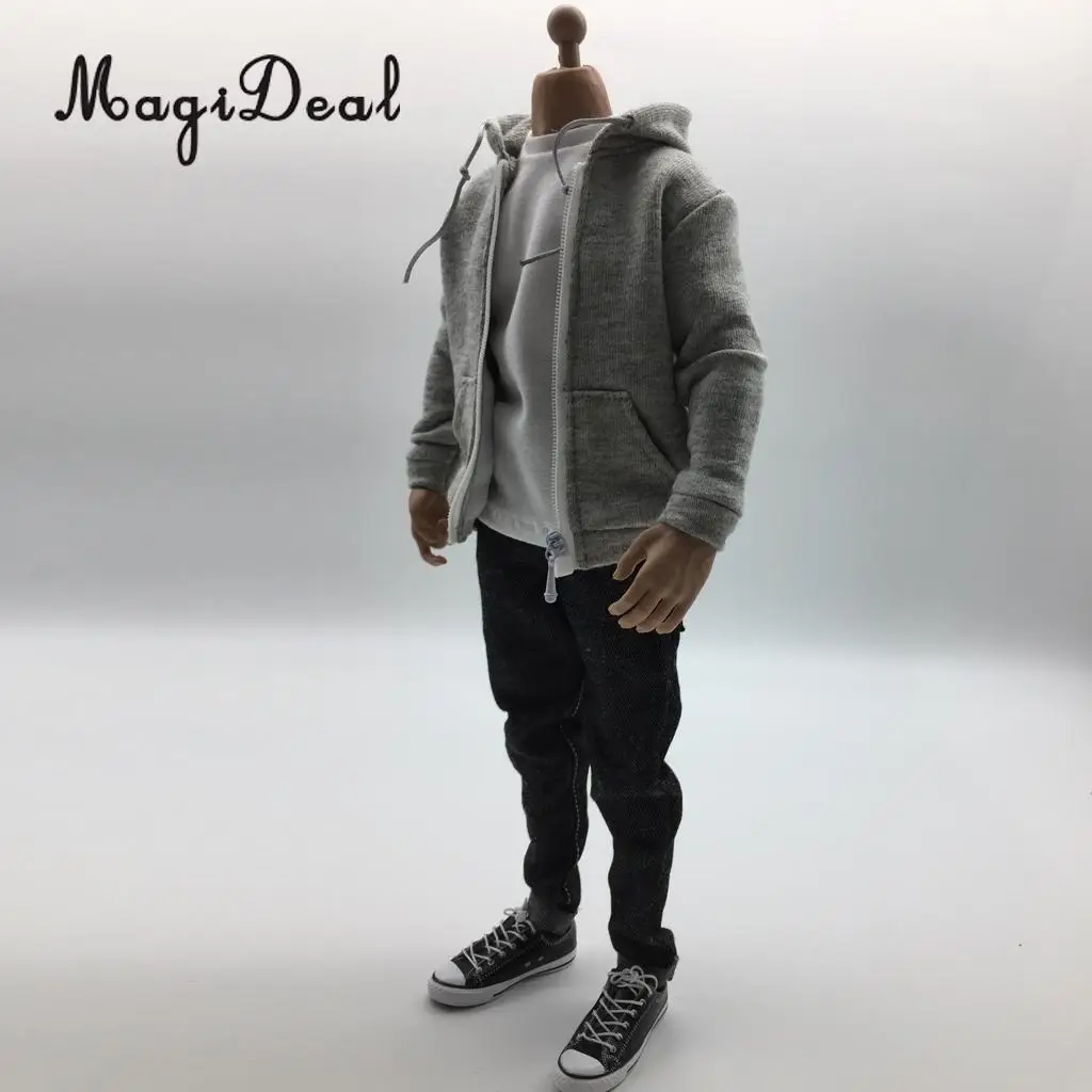 MagiDeal 1/6 Scale Mens Clothes Gray Hoodie T-shirt Jeans Belt Cap Canvas Shoes Set for 12 Inch Male Action Figures