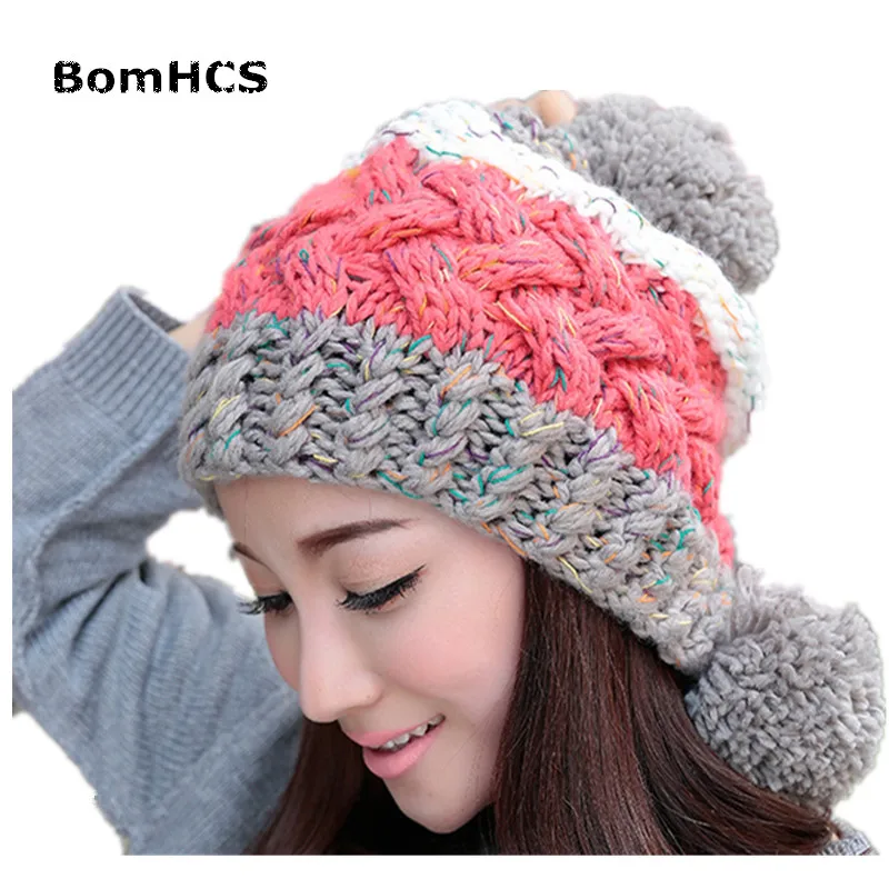

BomHCS Cute Women's Thick Cable Multicolor Handmade Knit Beanie Ear Muff Warm Hat with Soft Pom Pom