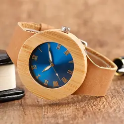 Роскошные творческих уникальный круглый носок большой циферблат Wood Часы Пояса из натуральной кожи деревянный бамбук кварцевые часы